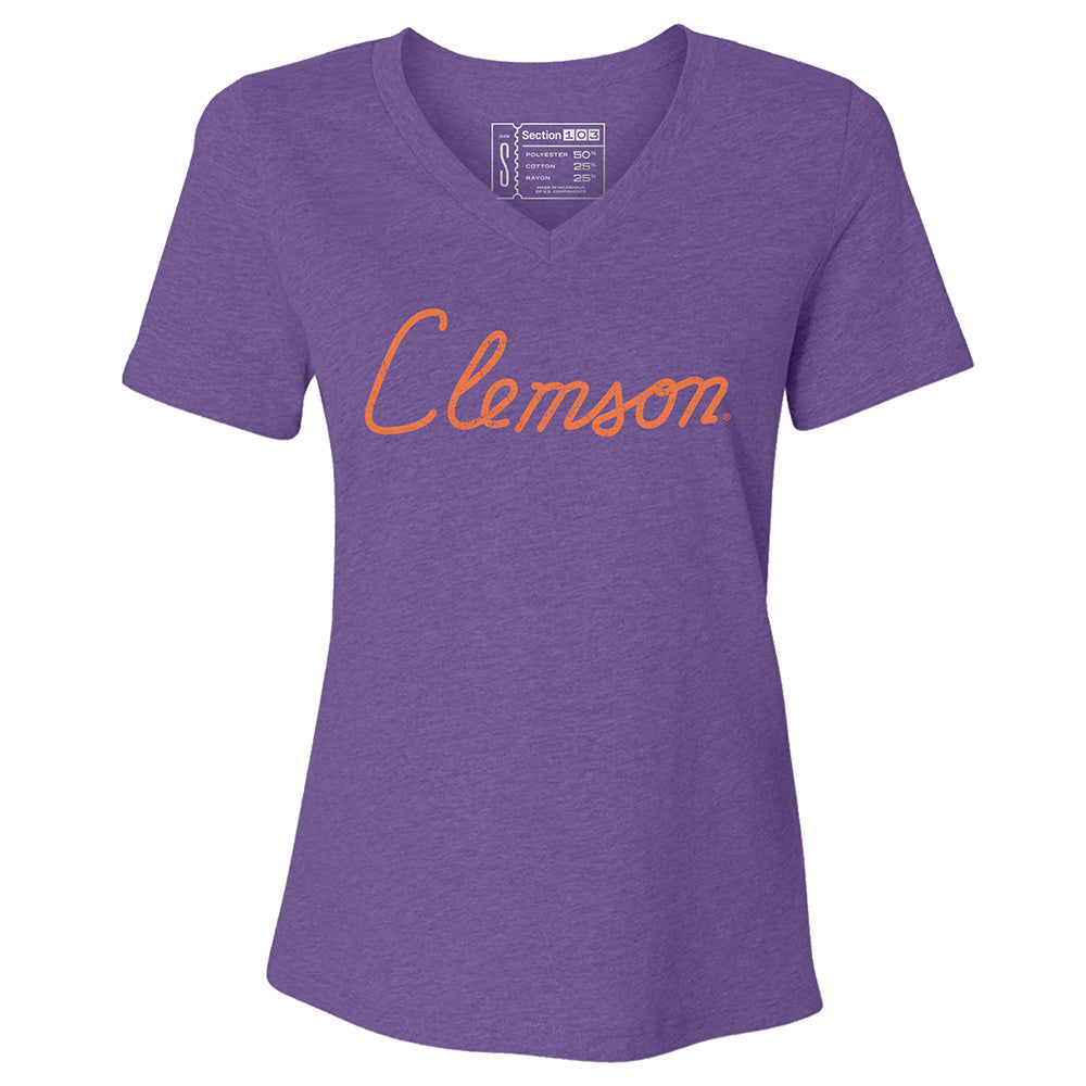 Clemson Script Merchandise Clemson House Script Women's V-Neck T-Shirt – Section 103