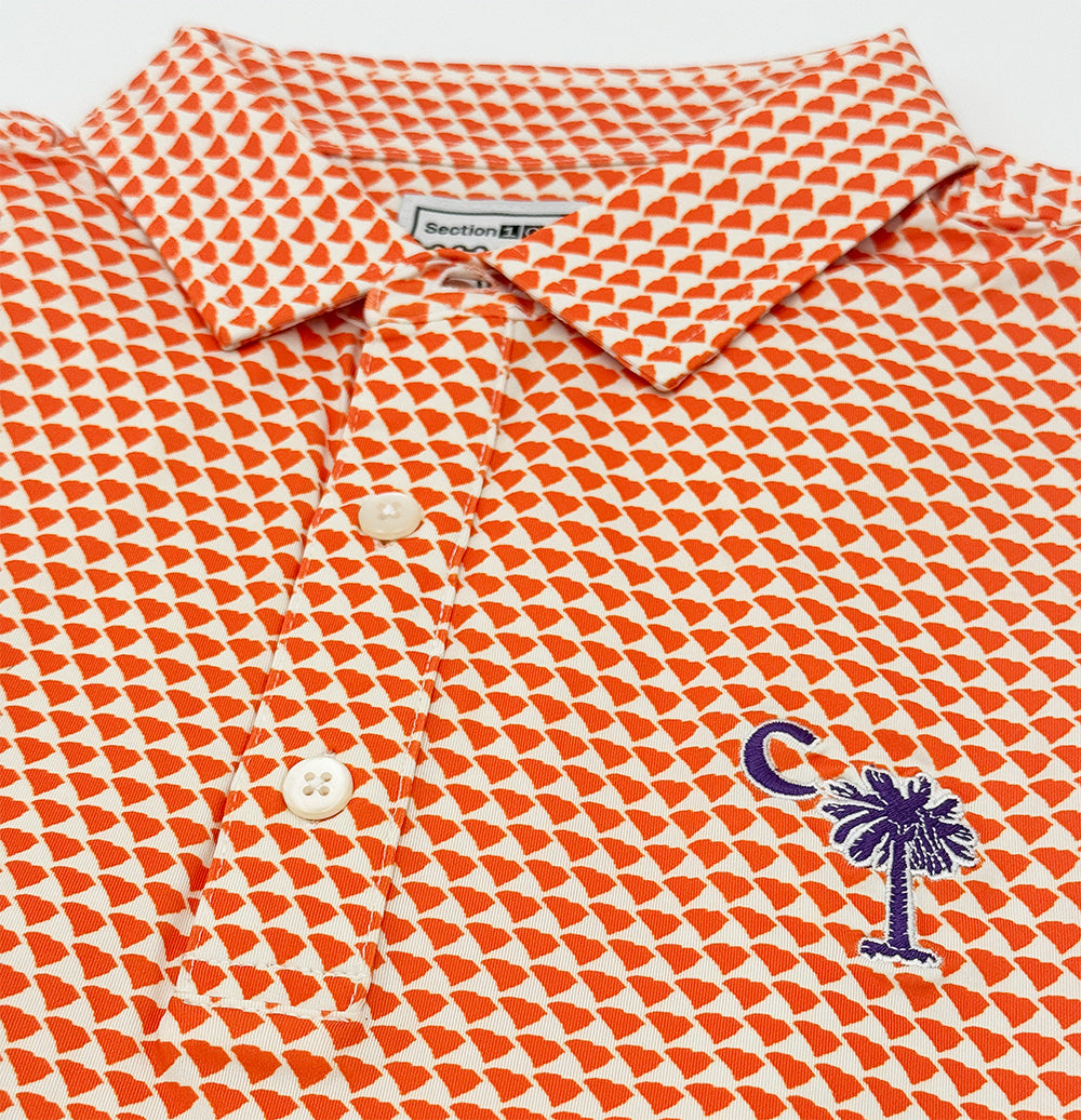 Clemson Palmetto Logo Map Pattern Performance Polo