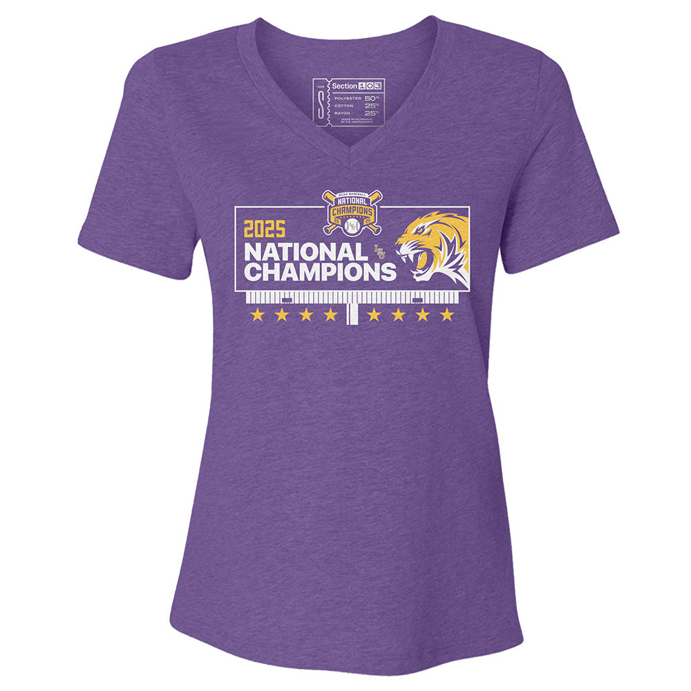LSU Baseball 2025 National Champions Women's V-Neck T-Shirt L / Heather Purple LSU Baseball 2025 National Champions Women's V-Neck T-Shirt L / Heather Purple