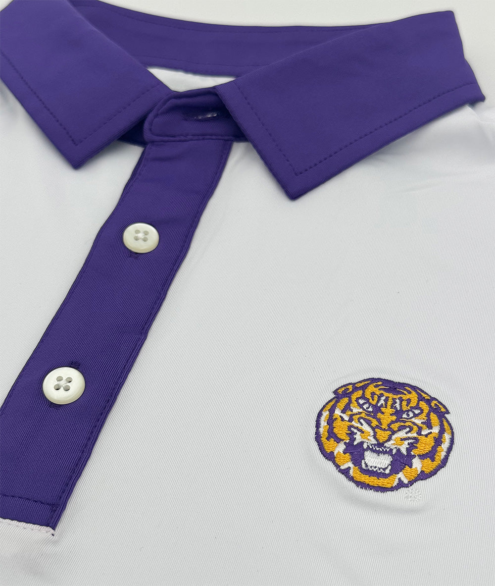 LSU Tiger Contrast Collar Performance Polo XXL / White/Purple LSU Tiger Contrast Collar Performance Polo XXL / White/Purple