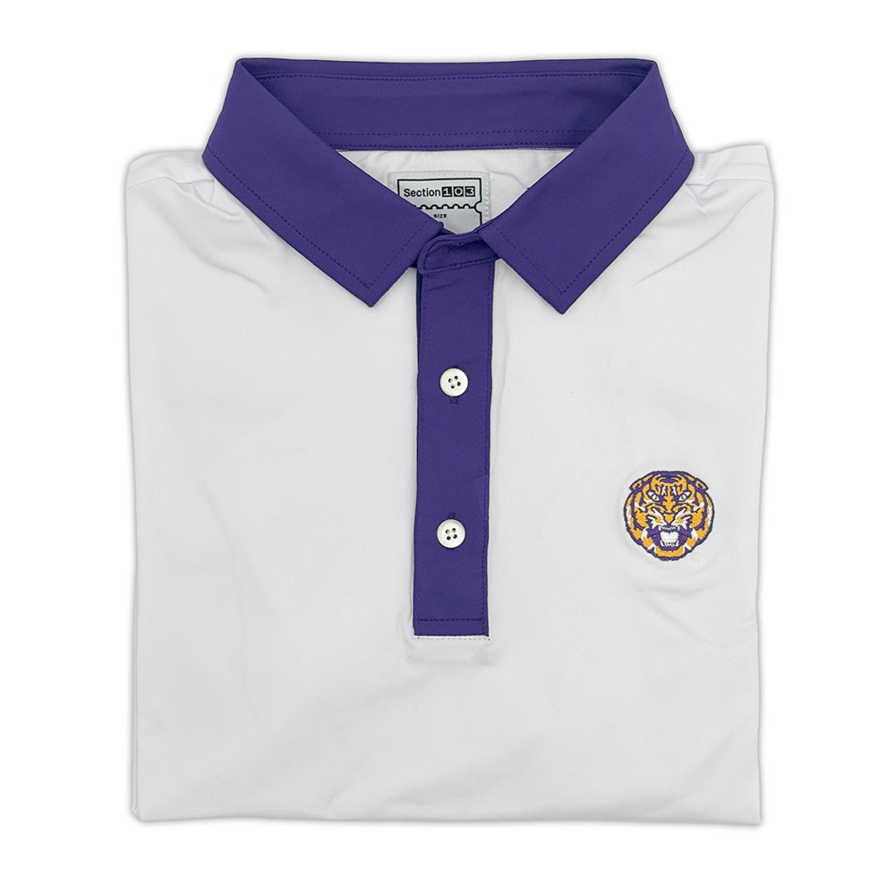 LSU Tiger Contrast Collar Performance Polo XXL / White/Purple LSU Tiger Contrast Collar Performance Polo XXL / White/Purple