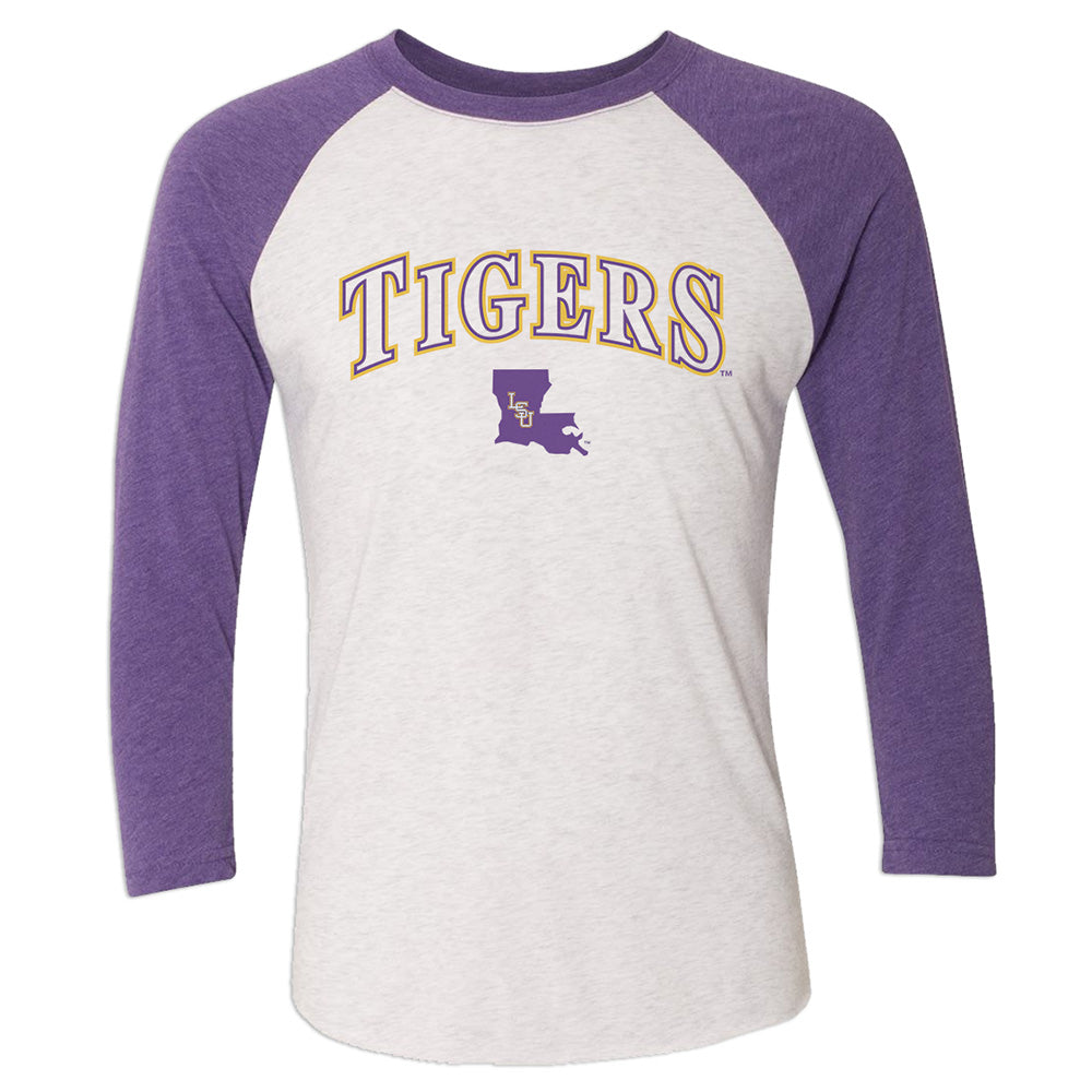 lsu tigers gear 3/4-Sleeve Baseball T-Shirt L / Heather White/Heather Purple packing-cube day wear Size:Size 5 Hiking Survival Kit List: