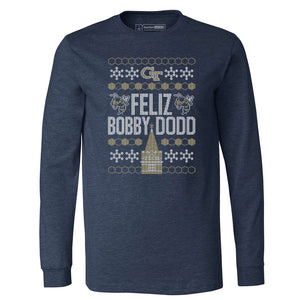 Georgia Tech Feliz Bobby Dodd Ugly Christmas Long Sleeve T-Shirt