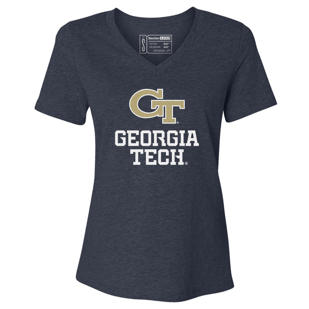 Georgia Tech Logo + Wordmark Women's V-Neck T-Shirt